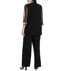 R & M Richards Petite Size 2-Tone Sequin Sheer Sleeve 3-Piece Pant Set