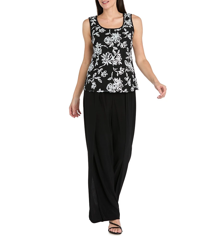 R & M Richards Petite Size 2-Tone Sequin Sheer Sleeve 3-Piece Pant Set