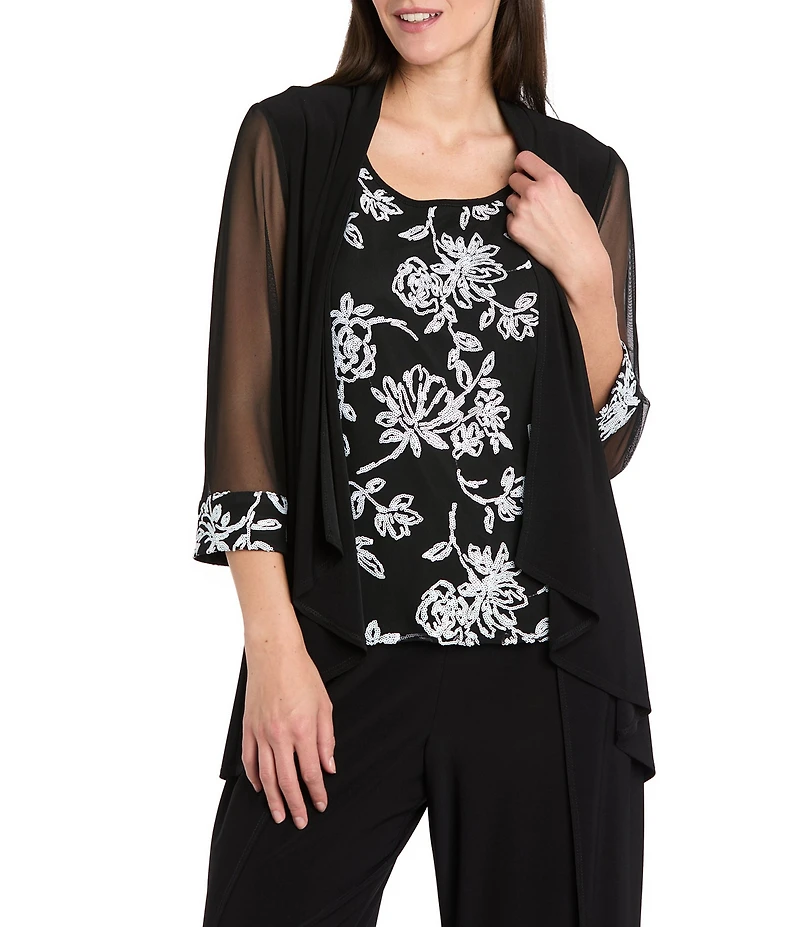 R & M Richards Petite Size 2-Tone Sequin Sheer Sleeve 3-Piece Pant Set