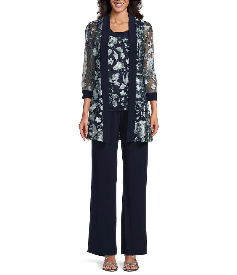 R & M Richards Petite Size 2-Piece Embroidered Pant Set