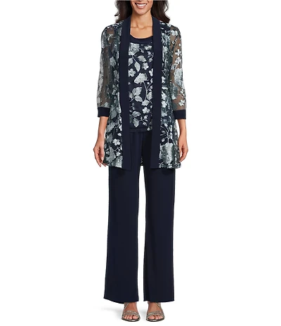R & M Richards Petite Size 3-Piece Embroidered Pant Set
