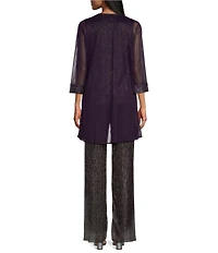 R & M Richards Petite Size 3/4 Sleeve Scoop Neck Metallic Crinkle 3-Piece Pant Set