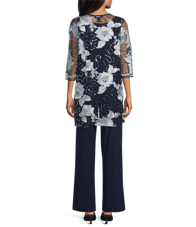 R & M Richards Petite Size 3/4 Sleeve V Neck Embroidered Soutache Sequin Jacket 3-Piece Pant Set
