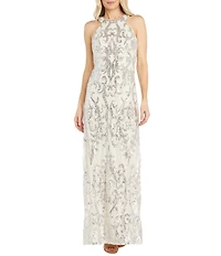 R & M Richards Petite Size All Over Sequin Circular Collar Long Gown