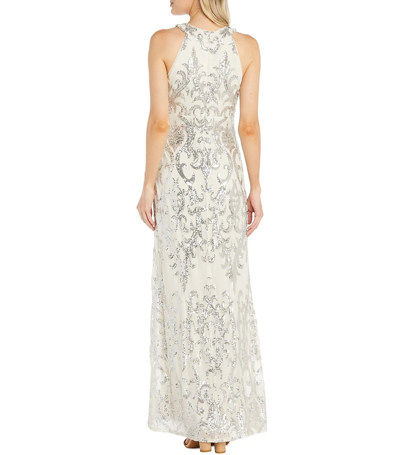 R & M Richards Petite Size All Over Sequin Circular Collar Long Gown