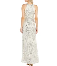 R & M Richards Petite Size All Over Sequin Circular Collar Long Gown