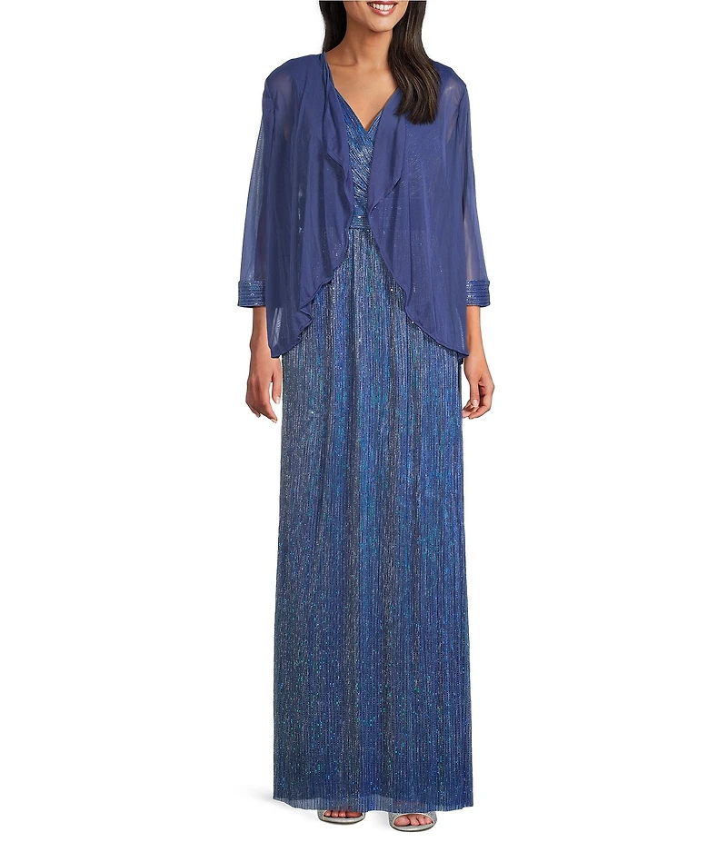 R & M Richards Petite Size Chiffon Metallic 2-Piece Jacket Dress