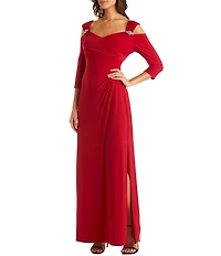 R & M Richards Petite Size Cold Shoulder 3/4 Sleeve Long Gown