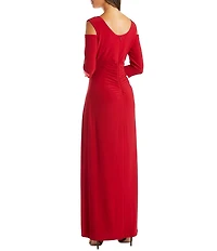 R & M Richards Petite Size Cold Shoulder 3/4 Sleeve Long Gown