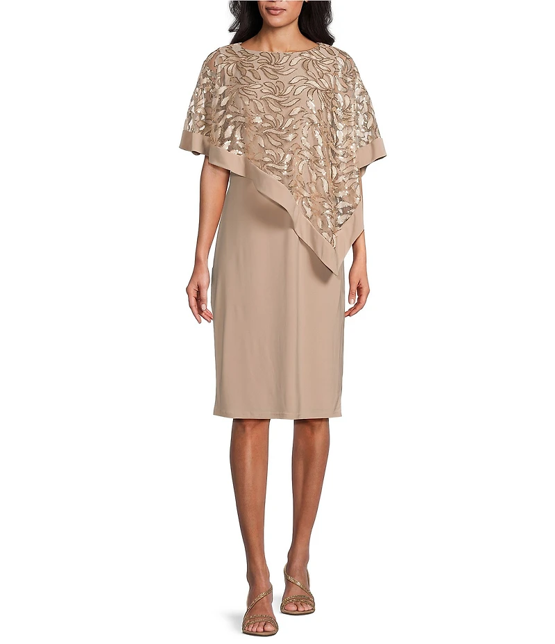 R & M Richards Petite Size Crew Neck Short Sleeve Embroidered Sequin Poncho Overlay Sheath Dress