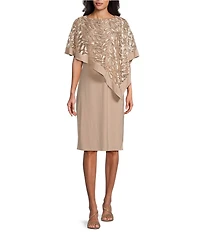 R & M Richards Petite Size Crew Neck Short Sleeve Embroidered Sequin Poncho Overlay Sheath Dress
