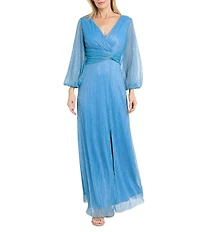 R & M Richards Petite Size Crinkled Lurex Tulle Balloon Long Sleeve V Neck Pleated Waist Long Dress
