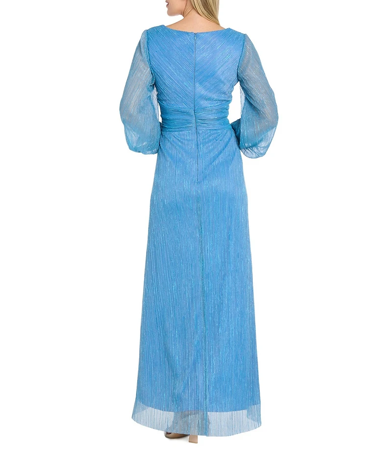 R & M Richards Petite Size Crinkled Lurex Tulle Balloon Long Sleeve V Neck Pleated Waist Long Dress