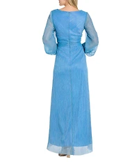 R & M Richards Petite Size Crinkled Lurex Tulle Balloon Long Sleeve V Neck Pleated Waist Long Dress
