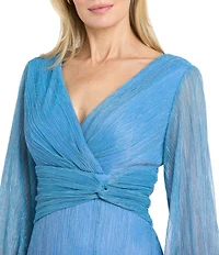 R & M Richards Petite Size Crinkled Lurex Tulle Balloon Long Sleeve V Neck Pleated Waist Long Dress