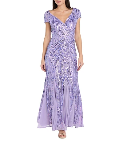 R & M Richards Petite Size Embroidered Iridescent Sequin Long dress