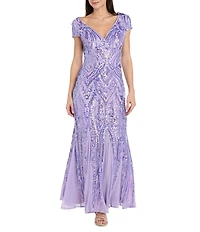 R & M Richards Petite Size Embroidered Iridescent Sequin Long dress