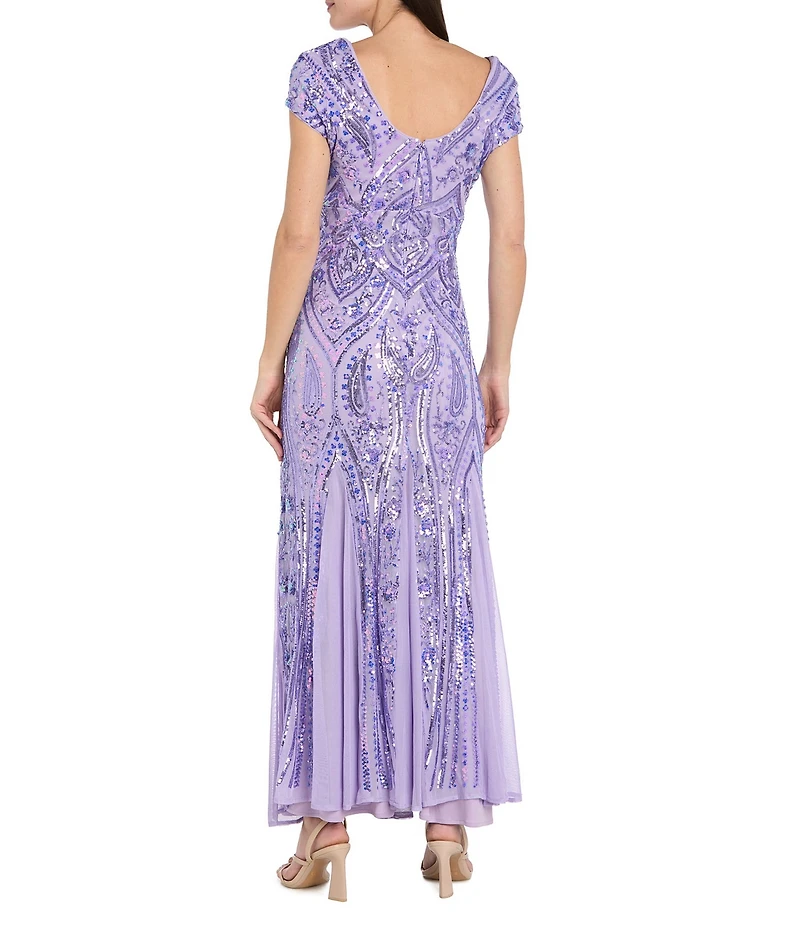 R & M Richards Petite Size Embroidered Iridescent Sequin Long dress