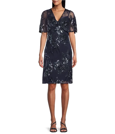 R & M Richards Petite Size Embroidered Sequin Power Mesh Floral Print Dress