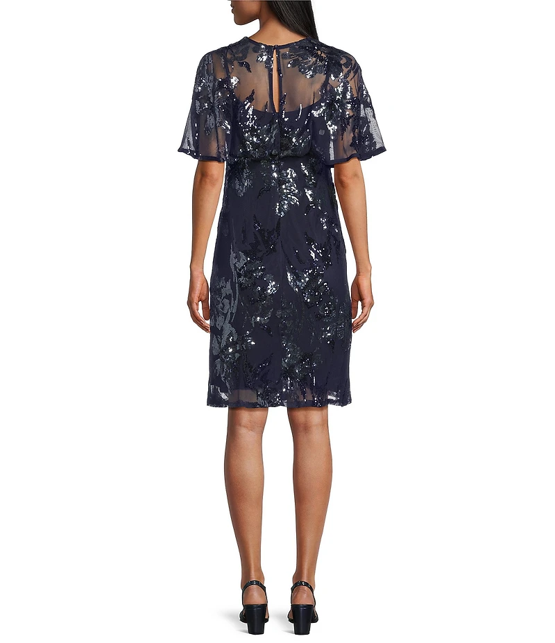 R & M Richards Petite Size Embroidered Sequin Power Mesh Floral Print Dress