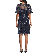 R & M Richards Petite Size Embroidered Sequin Power Mesh Floral Print Dress