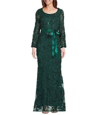 R & M Richards Petite Size Embroidered Soutache Sequin Power Mesh 3/4 Balloon Sleeves Gown