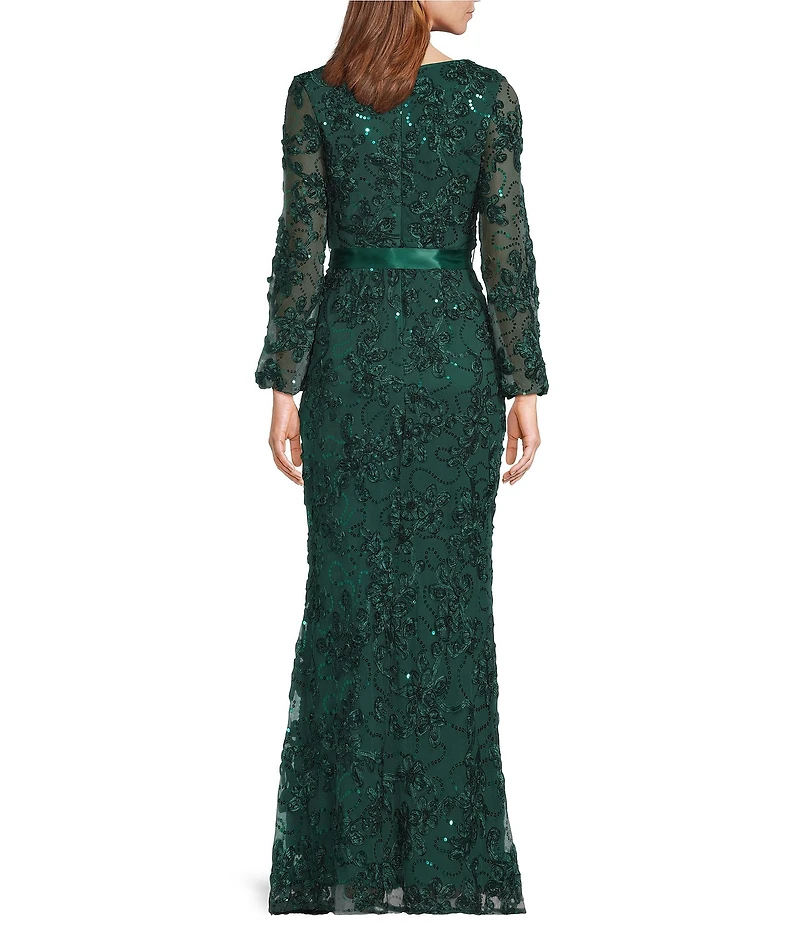 R & M Richards Petite Size Embroidered Soutache Sequin Power Mesh 3/4 Balloon Sleeves Gown