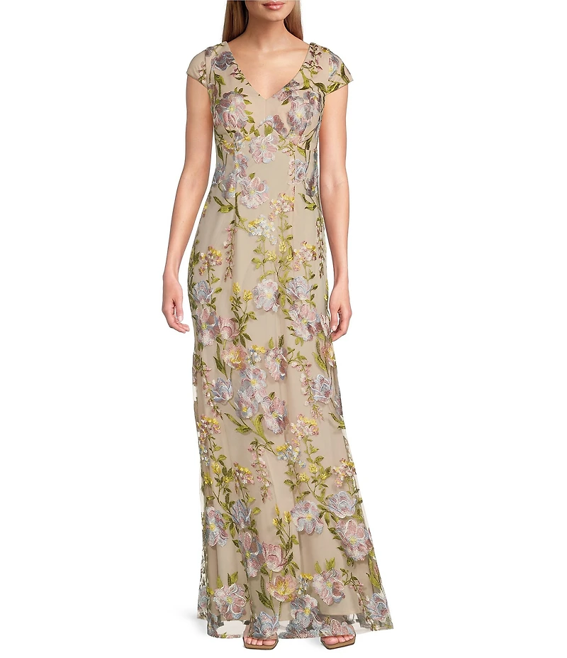 R & M Richards Petite Size Floral Embroidered Mesh Cap Sleeve V-Neck Gown