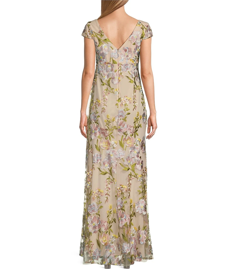 R & M Richards Petite Size Floral Embroidered Mesh Cap Sleeve V-Neck Gown