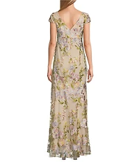 R & M Richards Petite Size Floral Embroidered Mesh Cap Sleeve V-Neck Gown