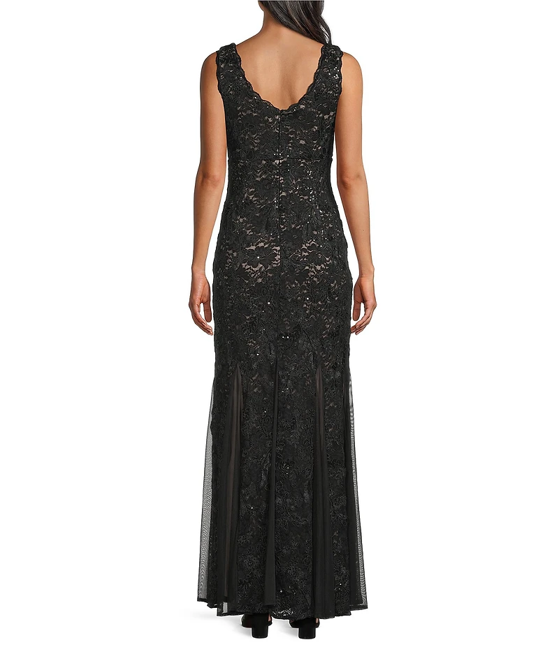 R & M Richards Petite Size Floral Embroidered Sequin Mesh Godet Sleeveless Gown