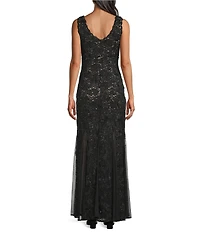 R & M Richards Petite Size Floral Embroidered Sequin Mesh Godet Sleeveless Gown