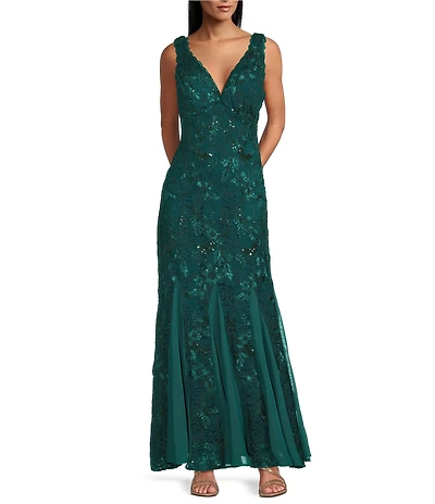 R & M Richards Petite Size Floral Embroidered Sequin Mesh Godet Sleeveless Gown