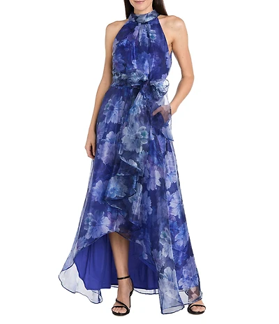 R & M Richards Petite Size Floral Organza Ruffle Halter Neck A Line Dress