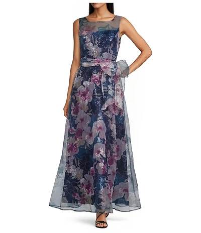 R & M Richards Petite Size Floral Print Illusion Neck Sleeveless Sequin Organza Gown