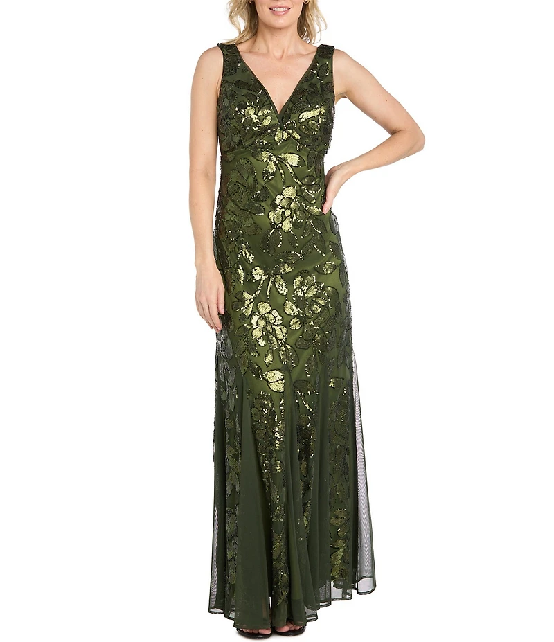 R & M Richards Petite Size Floral Sequin Mesh Sleeveless V Neck Godet Skirt Long Dress