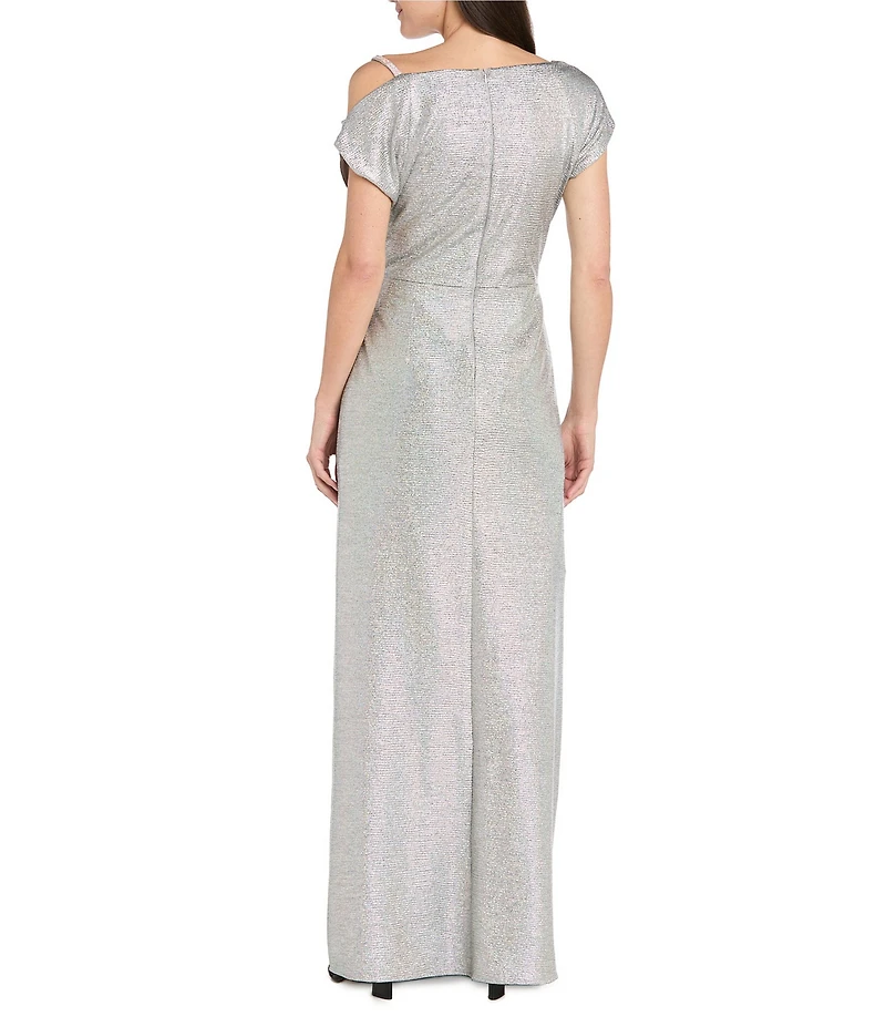 R & M Richards Petite Size Foil Knit Side Rhinestone Shoulder Detail Drape Dress