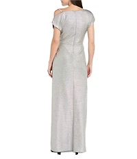 R & M Richards Petite Size Foil Knit Side Rhinestone Shoulder Detail Drape Dress