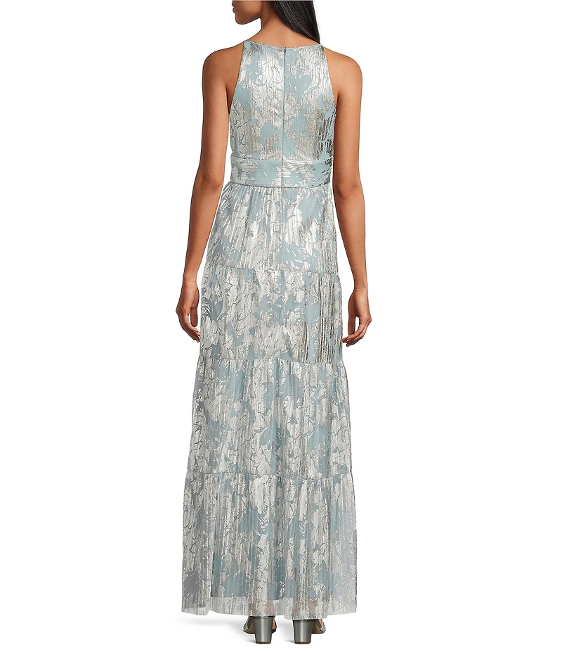 R & M Richards Petite Size Foil Mesh Print Pleated Foil Printed Sleeveless Keyhole Halter Neck Dress