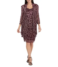 R & M Richards Petite Size Foil Print Pleated Mesh 3/4 Sleeve 2-Piece Jacket Dress