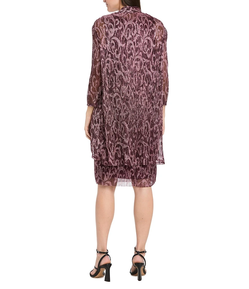 R & M Richards Petite Size Foil Print Pleated Mesh 3/4 Sleeve 2-Piece Jacket Dress