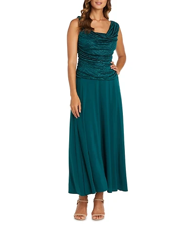 R & M Richards Petite Size Glitter Jacquard Ruched Bodice Long Dress