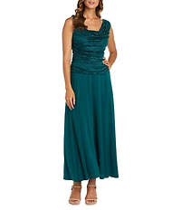 R & M Richards Petite Size Glitter Jacquard Ruched Bodice Long Dress
