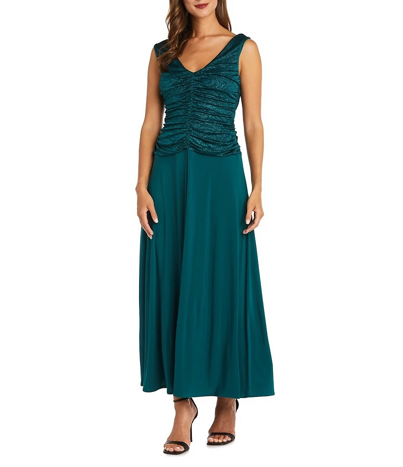 R & M Richards Petite Size Glitter Jacquard Ruched Bodice Long Dress