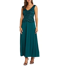 R & M Richards Petite Size Glitter Jacquard Ruched Bodice Long Dress