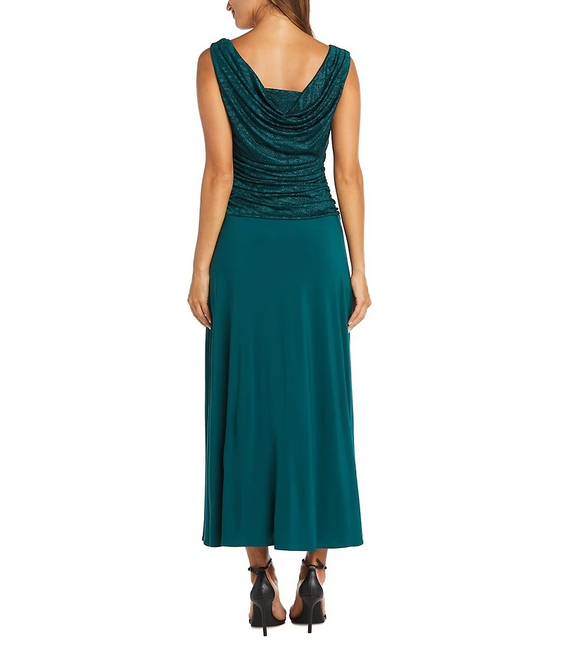 R & M Richards Petite Size Glitter Jacquard Ruched Bodice Long Dress