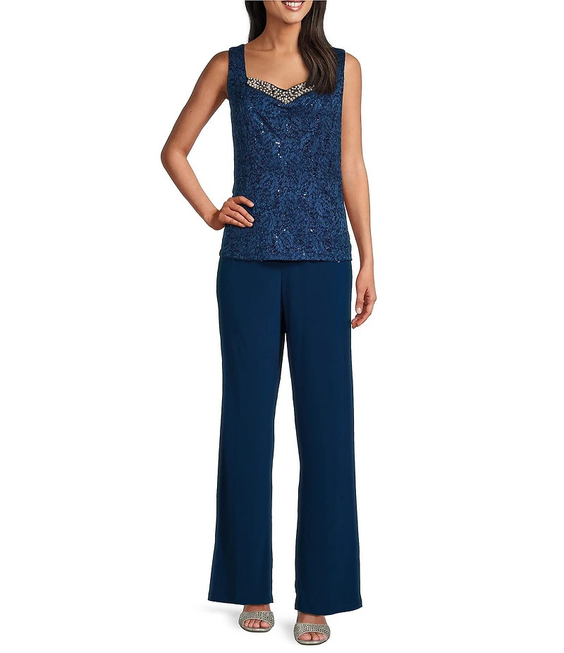 R & M Richards Petite Size Glitter Lace Sweetheart Neck Beaded 3-Piece Pantsuit