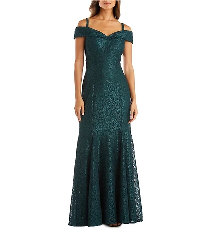 R & M Richards Petite Size Glitter Mesh Off-The-Shoulder Sheath Gown