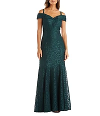 R & M Richards Petite Size Glitter Mesh Off-The-Shoulder Sheath Gown