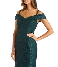 R & M Richards Petite Size Glitter Mesh Off-The-Shoulder Sheath Gown
